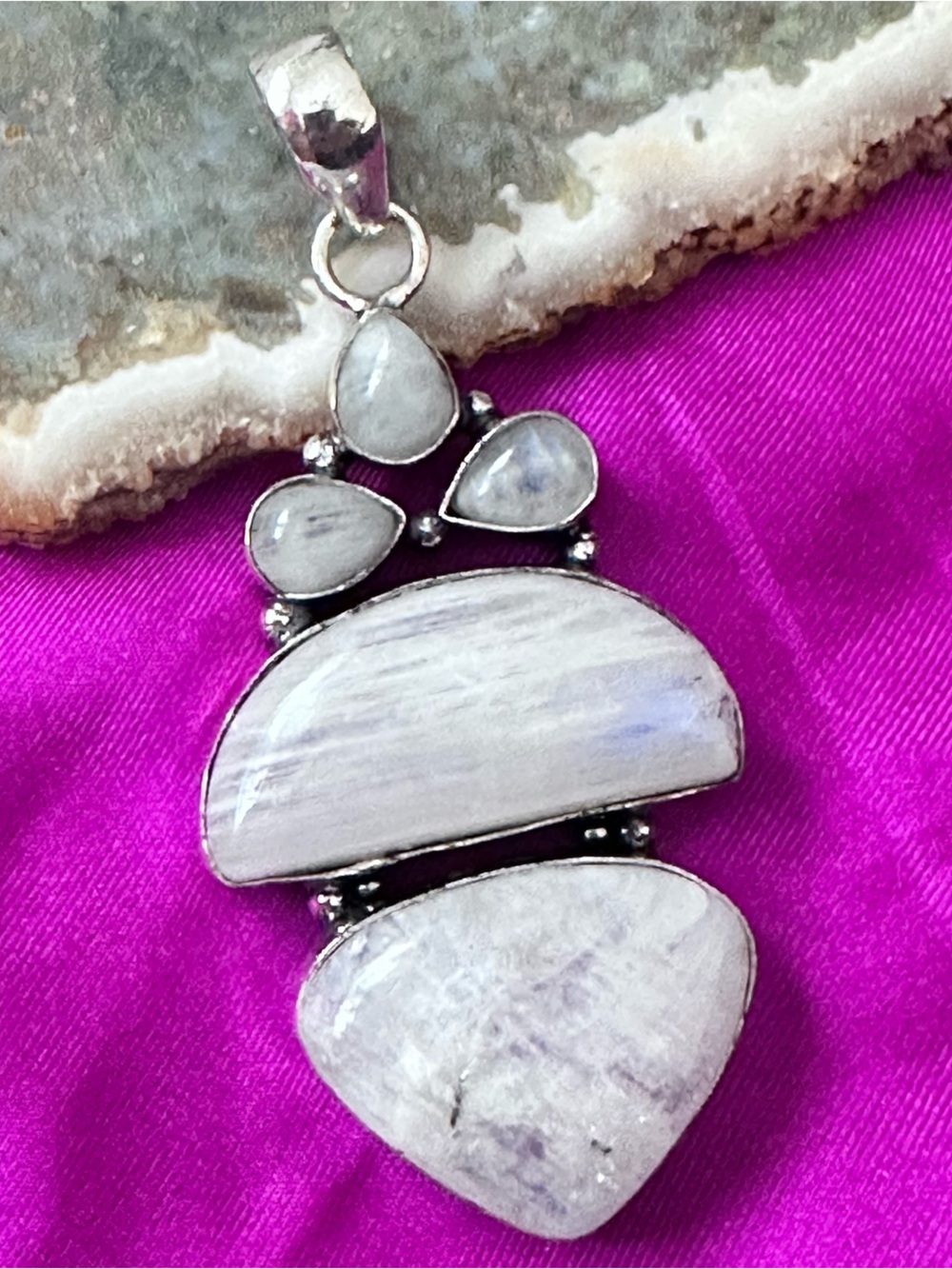 Artisan 5 Gemstone Pendant White Rainbow Moonstone Necklace with Silver Accents